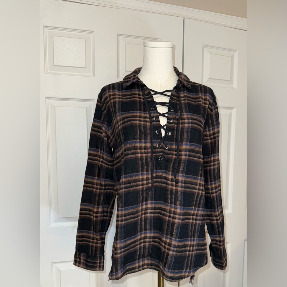 American Eagle Outfitters Black Plaid Lace-Up Shirt